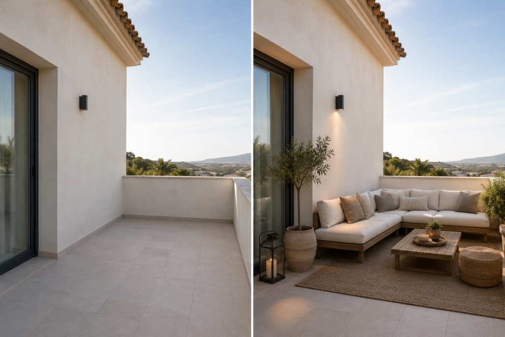 Antes y después de una terraza en Tarragona con espacio vacío y zona chillout decorada