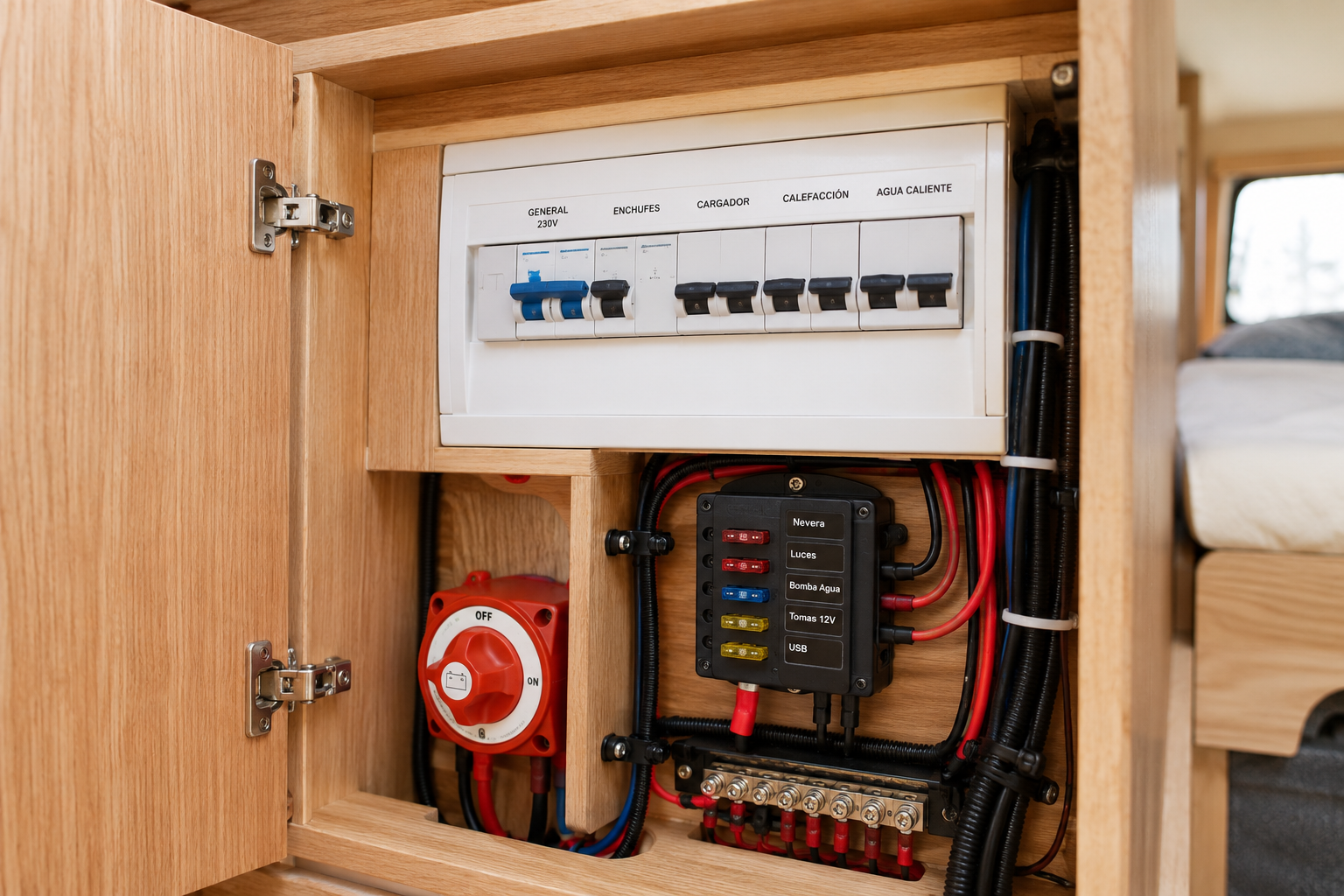 Cuadro eléctrico camper instalado en armario técnico de furgoneta con protecciones y cableado organizado.