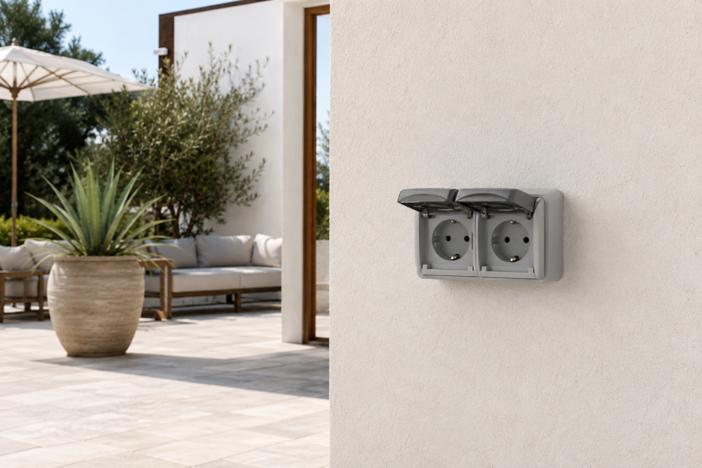 Enchufe doble exterior con tapa instalado en pared de terraza en Tarragona