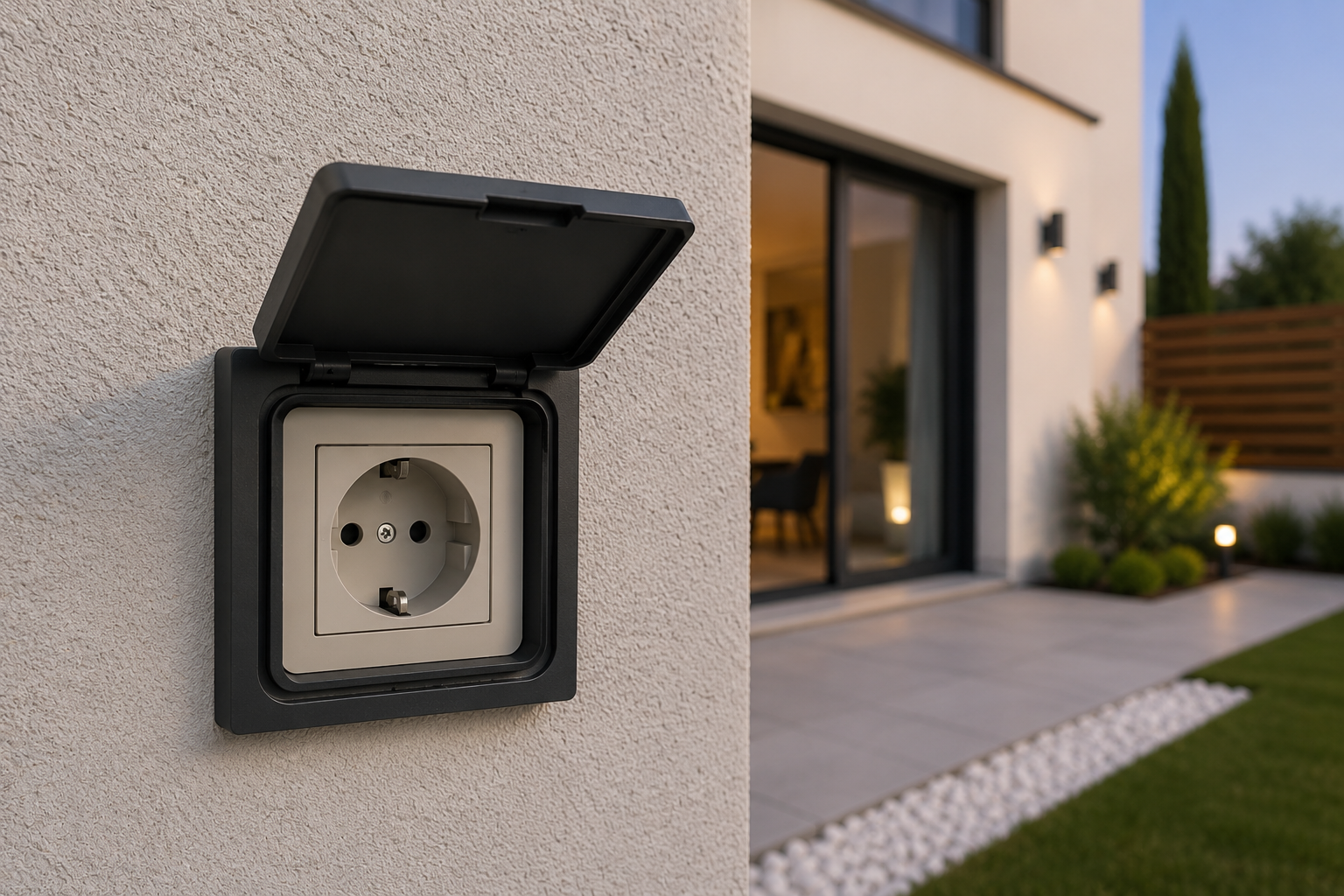 Enchufe empotrado exterior con tapa instalado en pared de vivienda en Tarragona