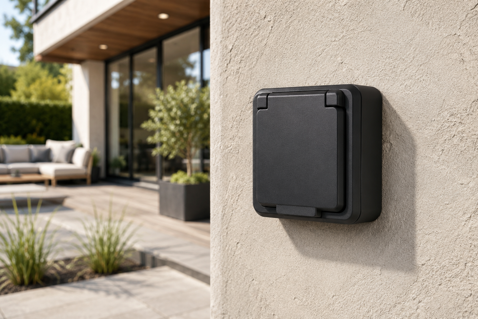 Enchufe exterior con tapa cerrada instalado en pared de vivienda en Tarragona
