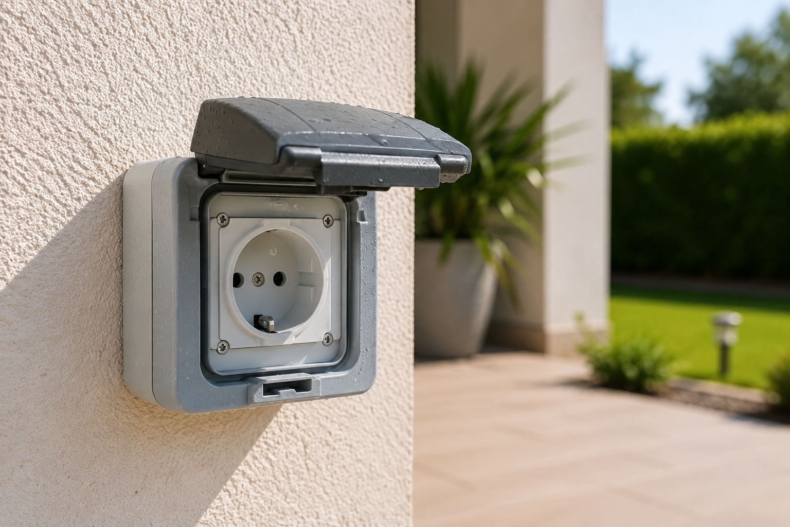 Enchufe exterior estanco con tapa instalado en pared de vivienda en Tarragona