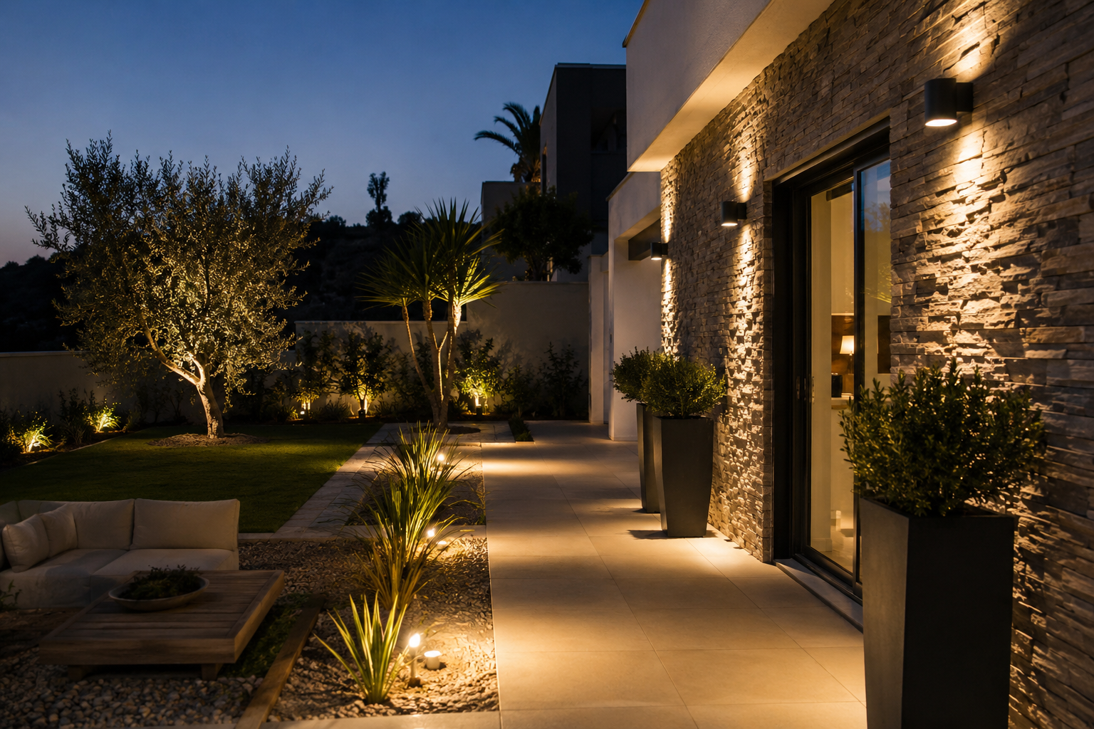Focos LED exterior instalados en jardín y fachada de vivienda en Tarragona