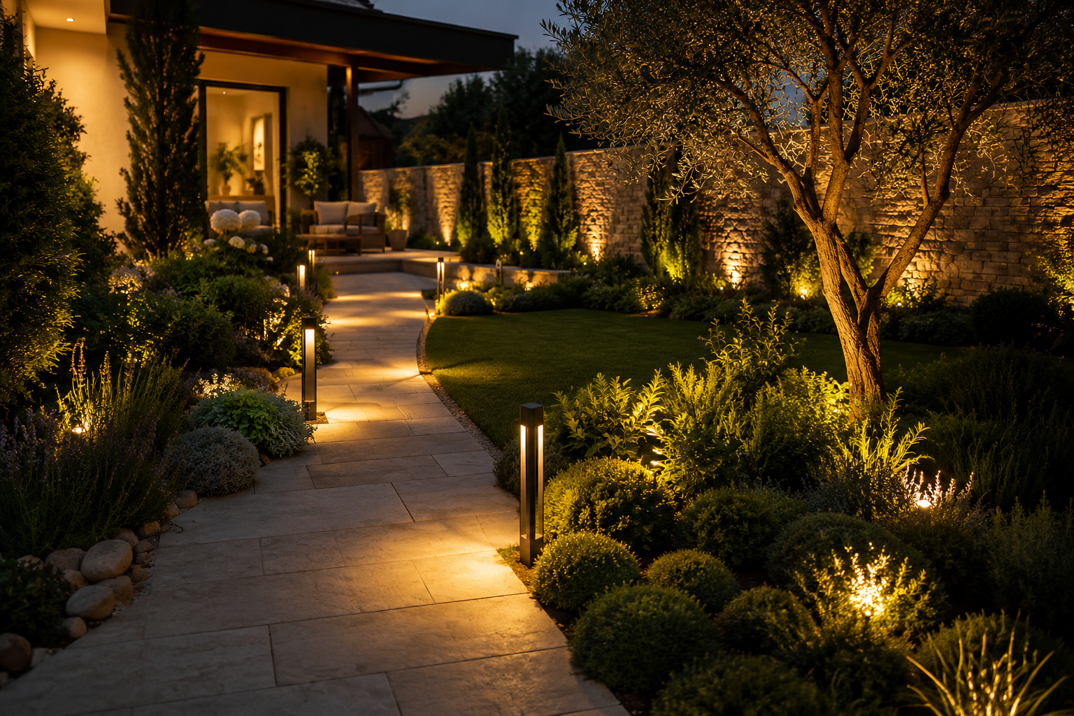 Iluminación de jardín instalada con luces LED exteriores en Tarragona