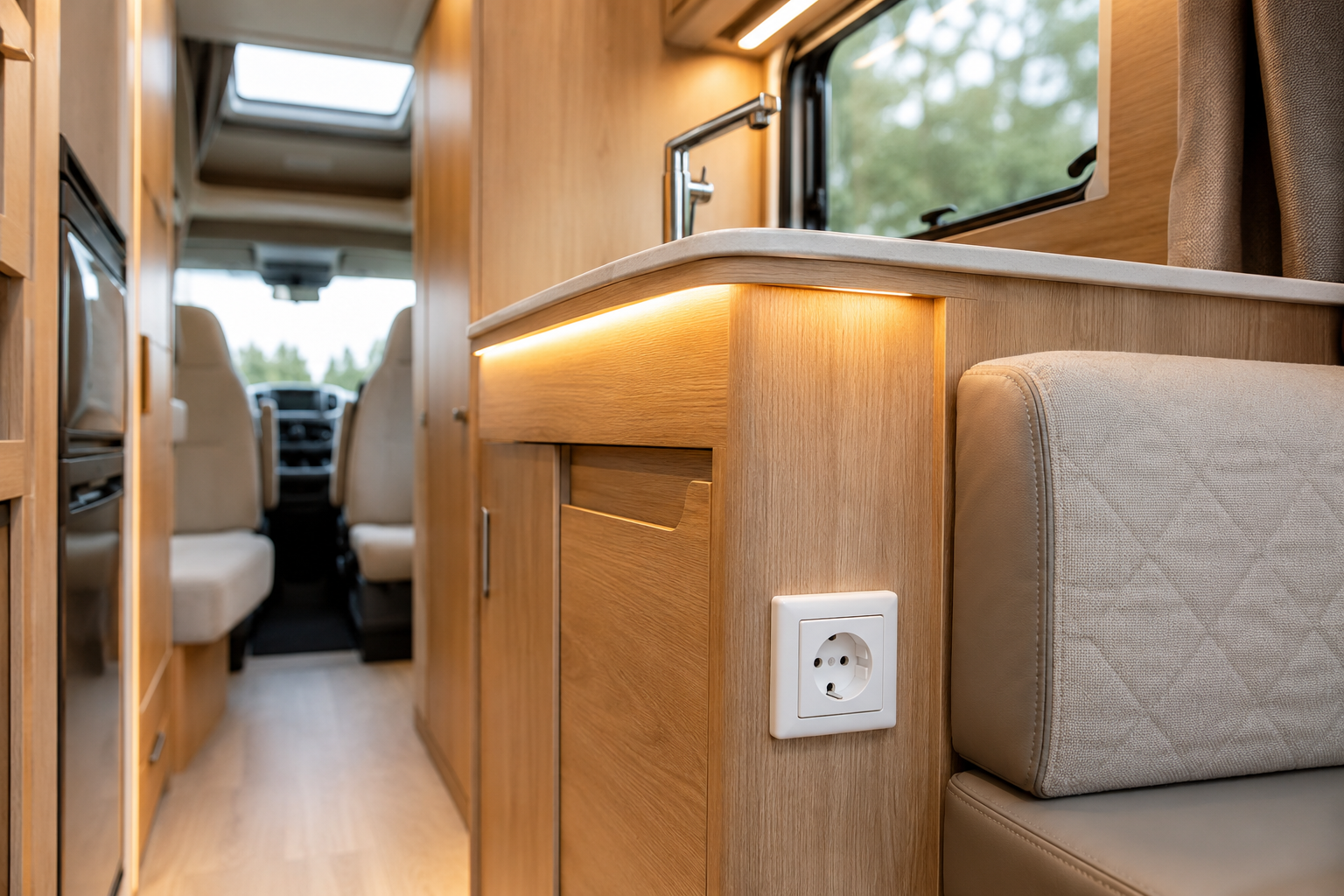 Instalación 220V en camper con enchufes interiores y sistema eléctrico preparado para uso en viaje.