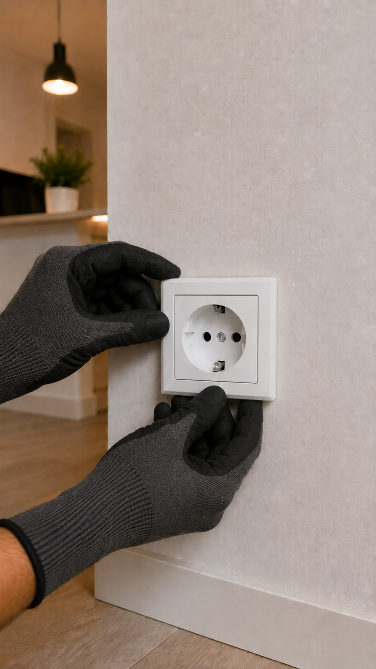 Electricista instalando enchufe interior con guantes en vivienda de Tarragona