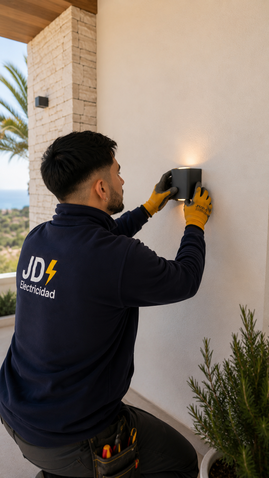 Electricista instalando iluminación exterior en pared de vivienda en Tarragona