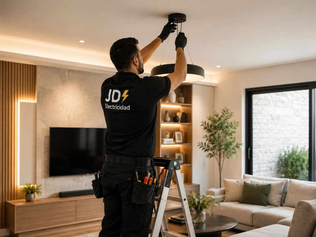 Electricista instalando lámpara de techo en salón moderno en Tarragona