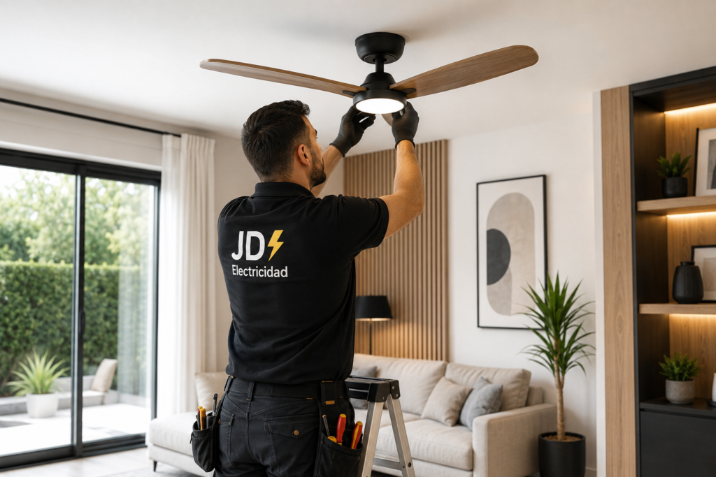 Electricista instalando un ventilador de techo moderno en un salón de Tarragona