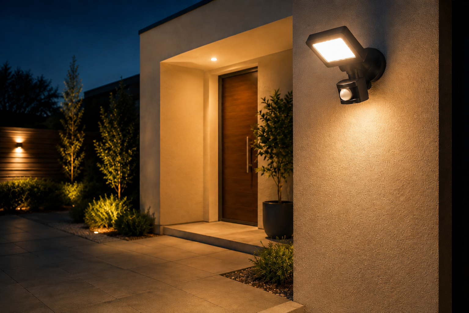 Luz exterior con sensor de movimiento instalada en entrada de vivienda en Tarragona
