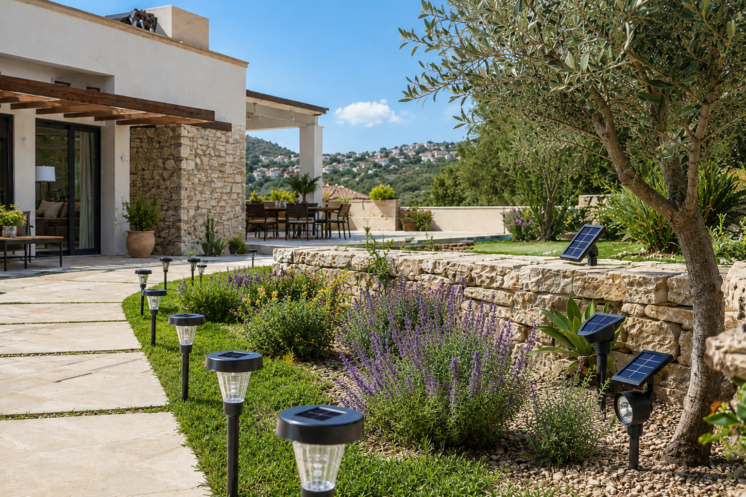 Luces solares exteriores instaladas en jardín y camino de vivienda en Tarragona