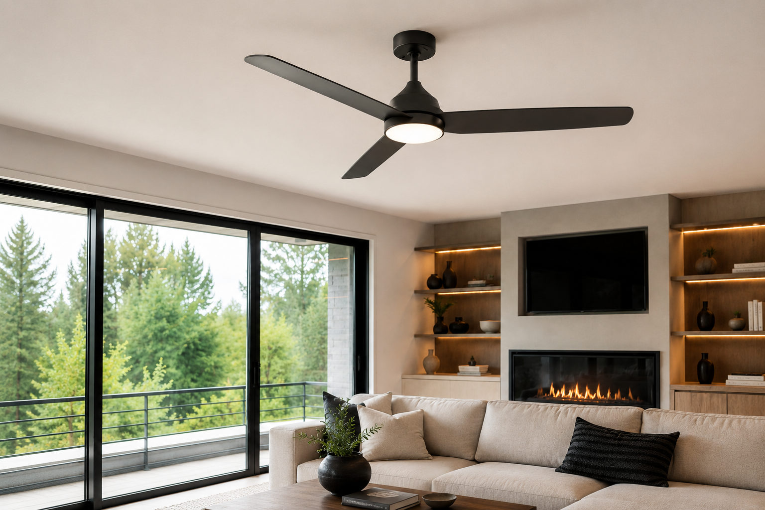Ventilador de techo negro moderno con luz LED instalado en salón de vivienda en Tarragona