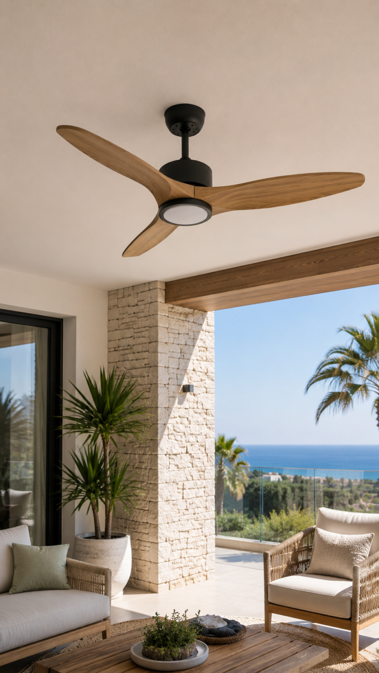 Ventilador de techo de madera instalado en terraza exterior moderna en Tarragona