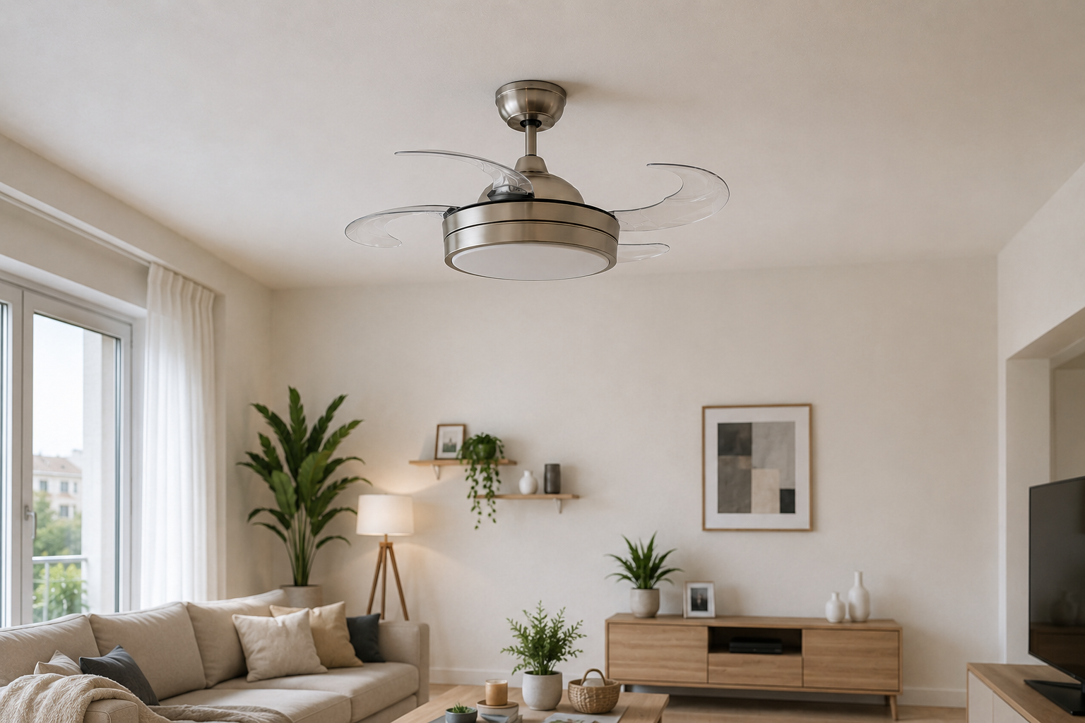 Ventilador de techo con aspas retráctiles en salón moderno