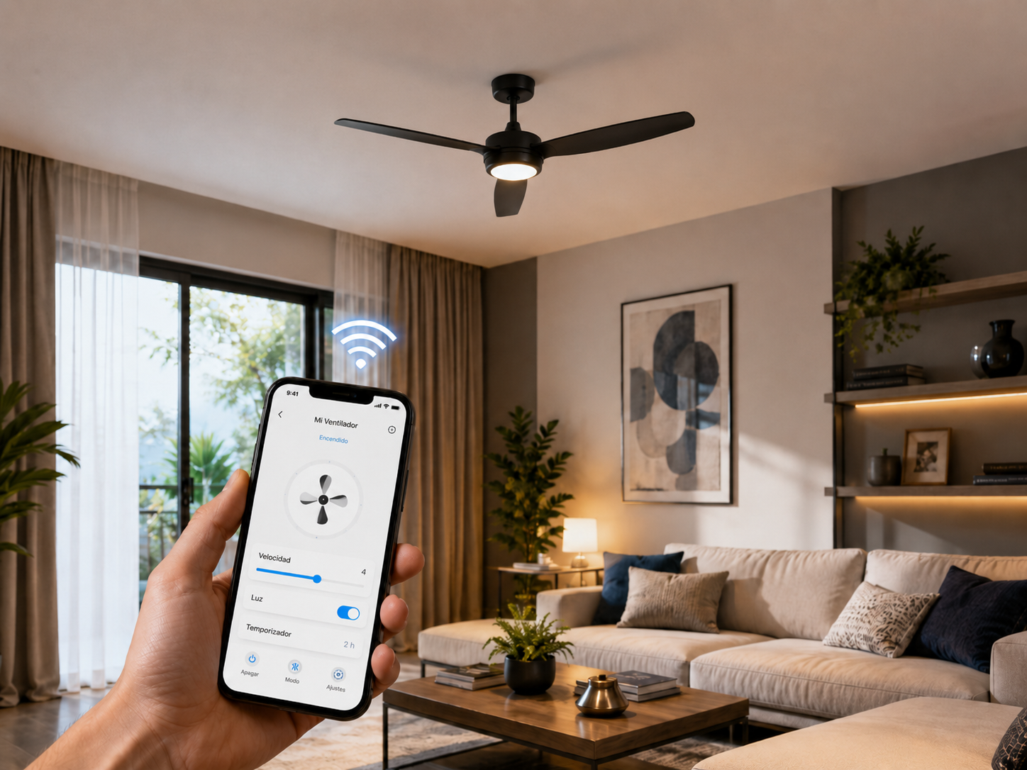 Ventilador de techo inteligente con WiFi controlado desde el móvil