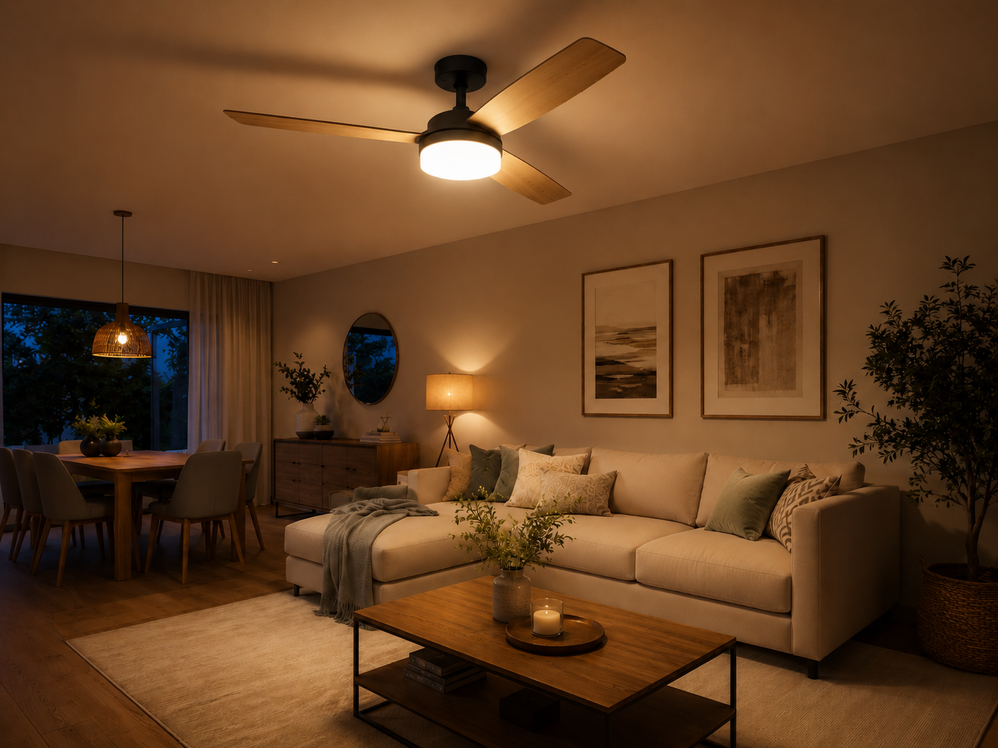 Ventilador de techo con luz LED encendida en salón de noche