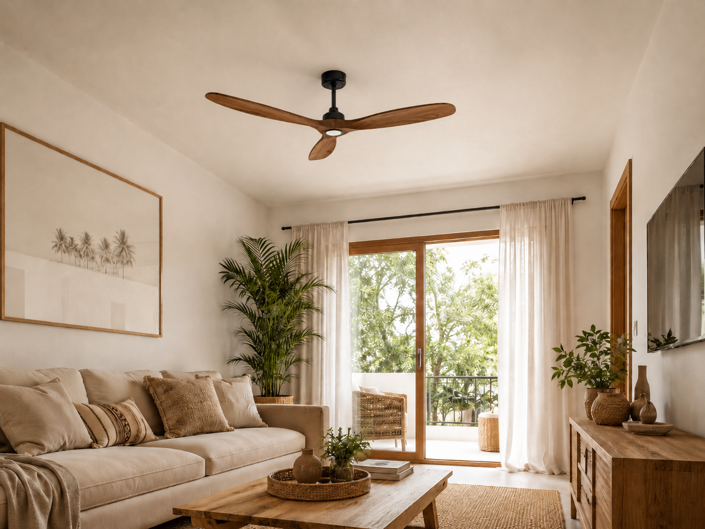 Ventilador de techo de madera en salón cálido y natural
