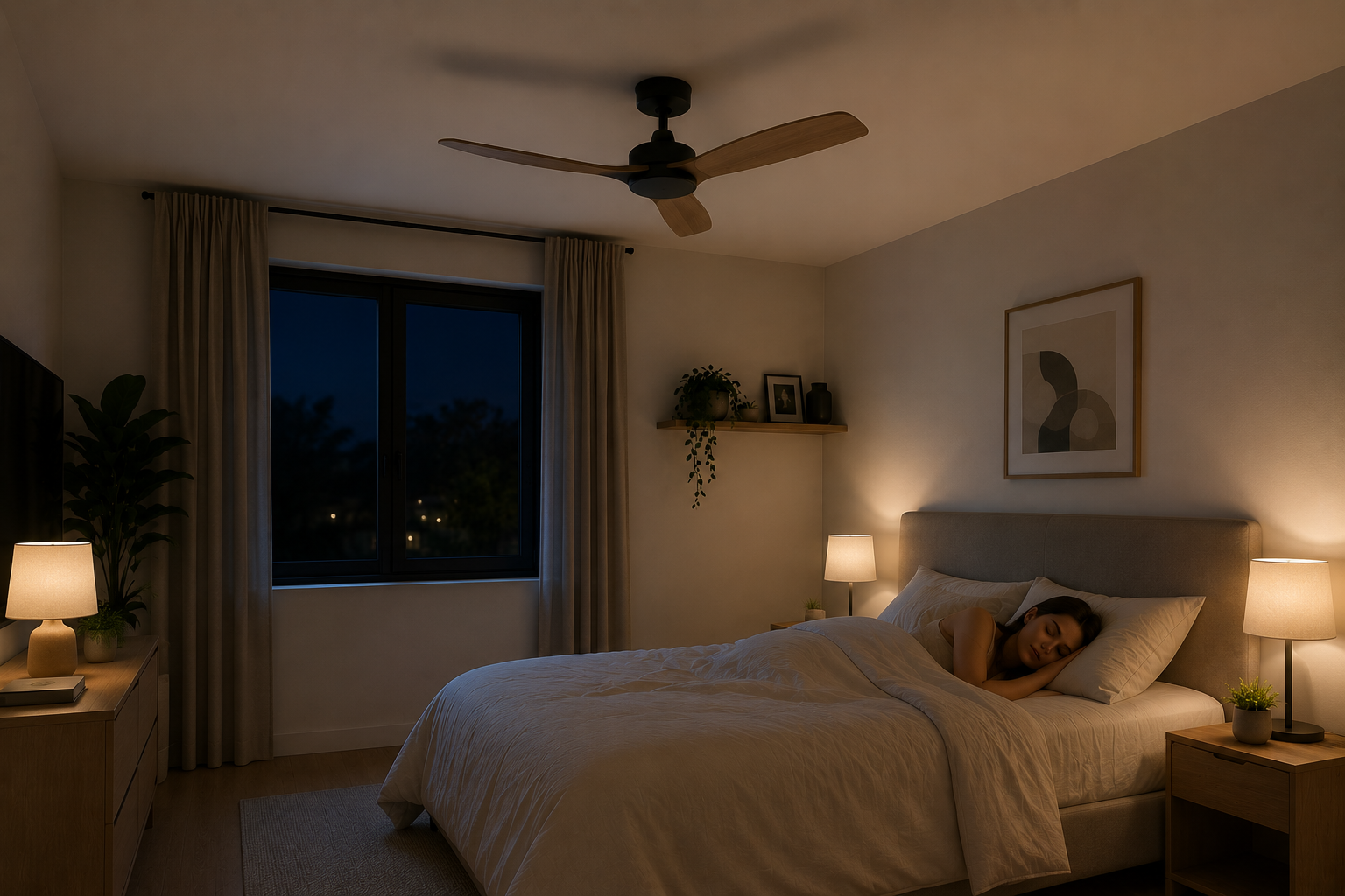 Ventilador de techo silencioso en dormitorio con persona durmiendo