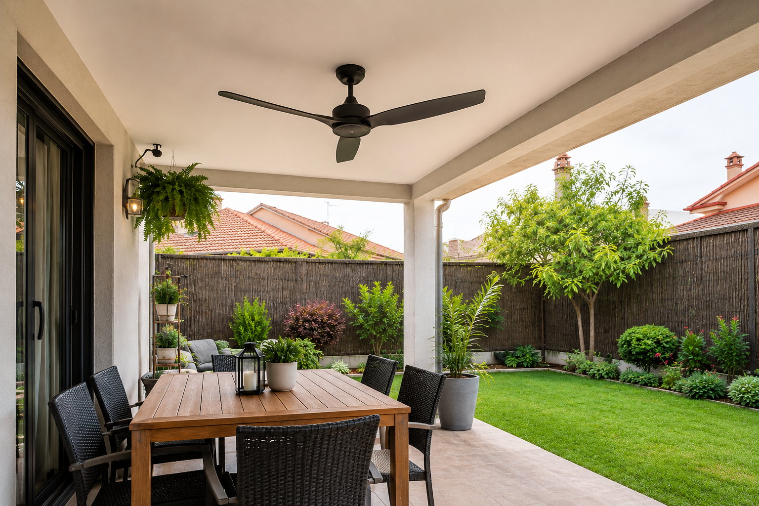 Ventilador de techo para terraza exterior con jardín