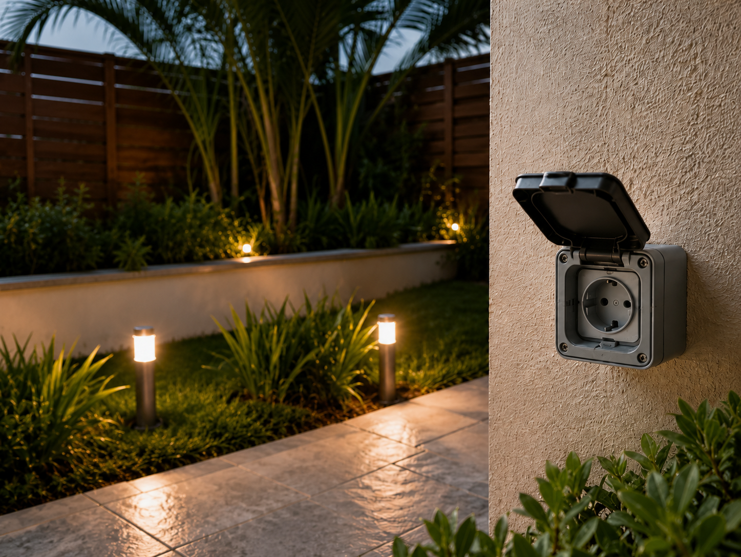 Enchufe exterior estanco instalado en pared de terraza con iluminación de jardín