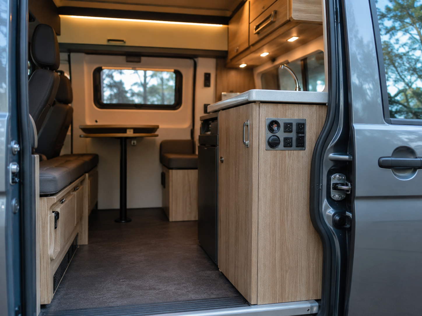 Interior de furgoneta camper con instalación eléctrica moderna en Tarragona